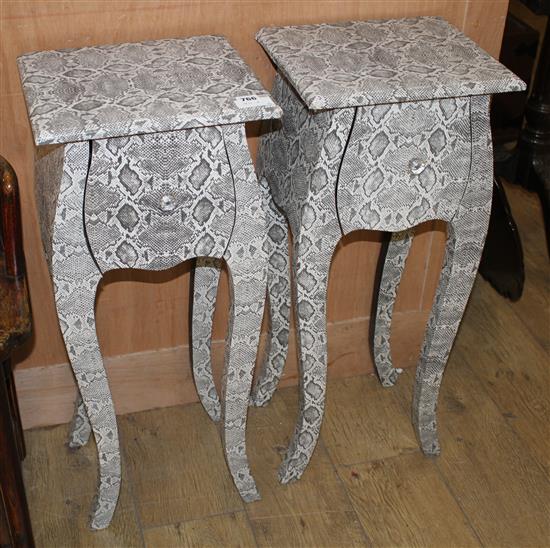 A pair of simulated snakeskin covered bedside tables, each with single drawer, W.34cm D.28cm H.80cm